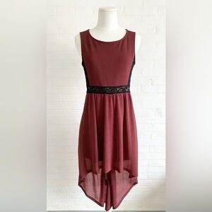 H&M Chiffon High-Low Hem Sleeveless Tank Dress with Lace Details Burgundy Size S